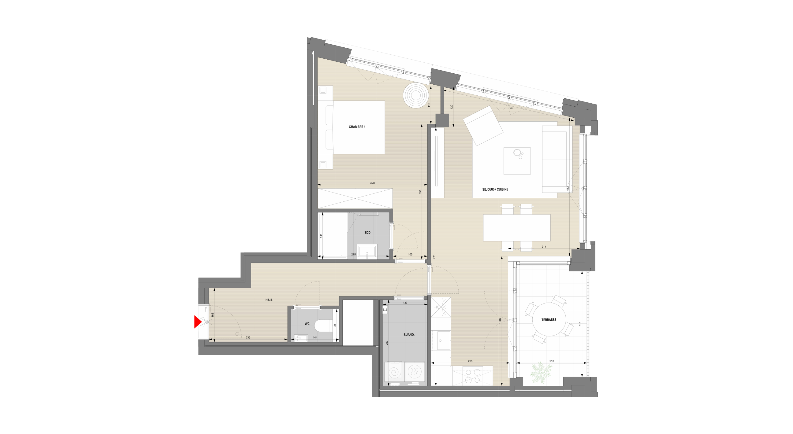 Matisse 16 Living - Plan type d'un appartement 1 chambre