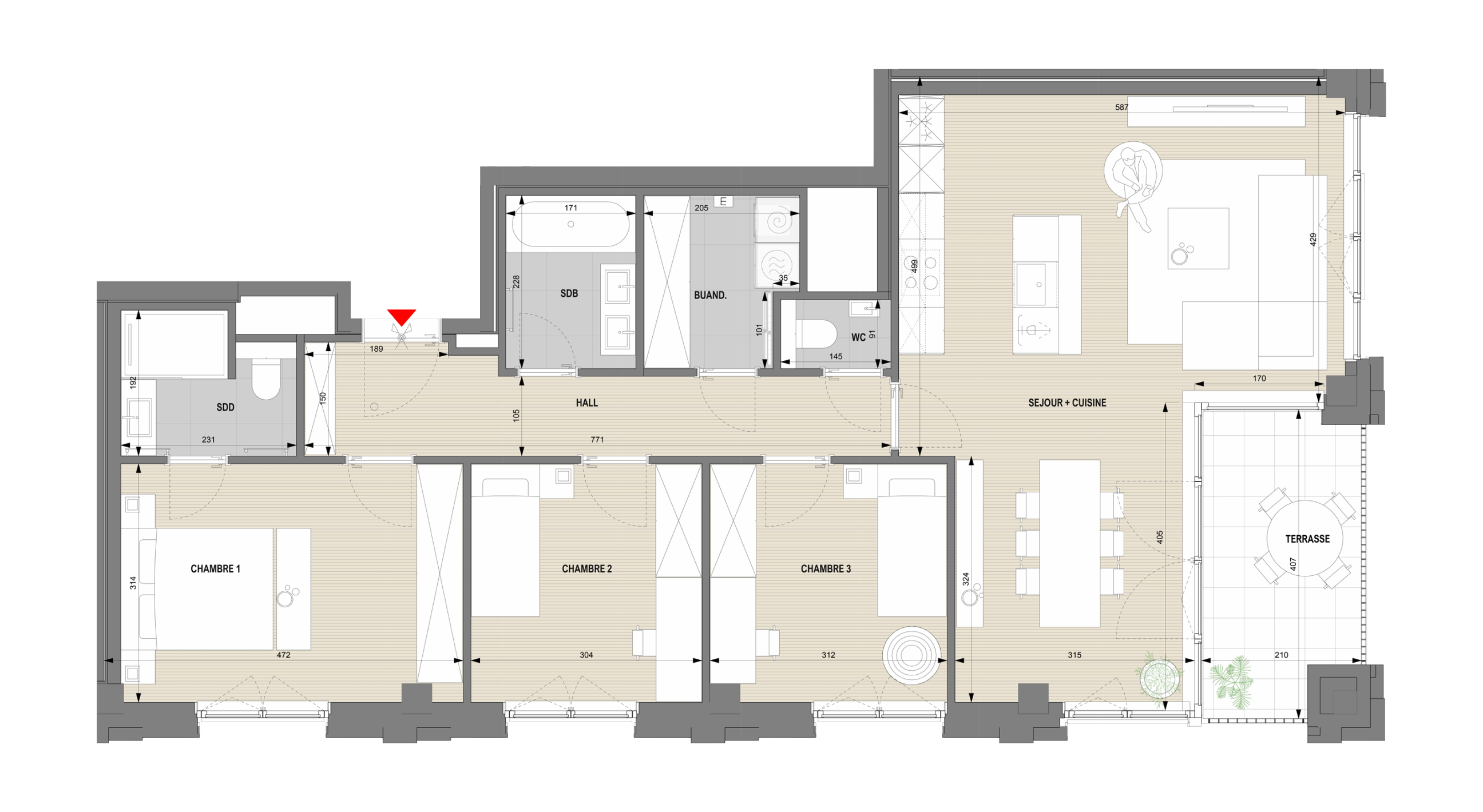 Matisse 16 Living - Plan type d'un appartement 3 chambres